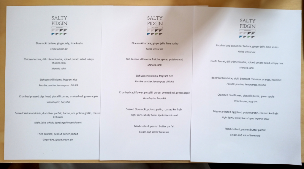 The menu from our special dinner at Salty Pidgin.